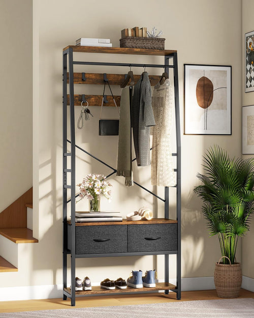 Rustic Brown Hall Tree Coat Rack | Bench with Shoe Storage & Drawers Organizer