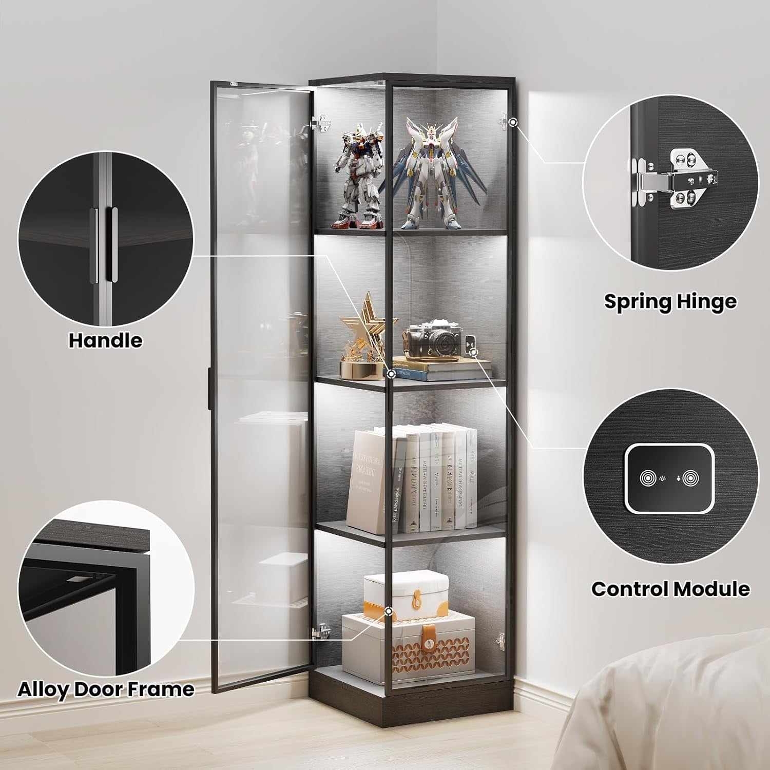 Tall LED Corner Display Cabinet 4-Tier Glass Showcase Unit with Sensor Lighting