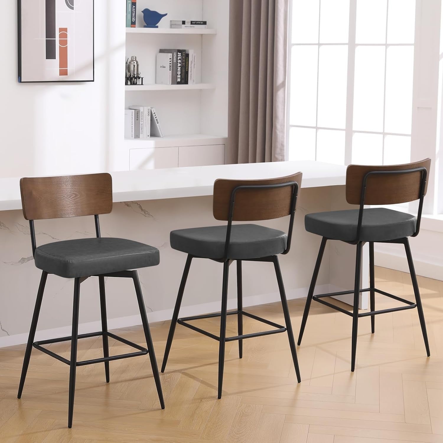 Swivel Bar Stools Set of 2 PU Leather Grey Wood Back 65cm Seat