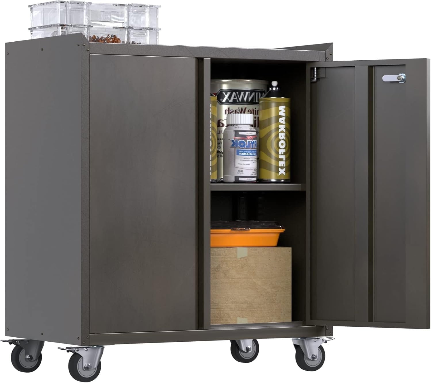 Rolling Metal Storage Cabinet with Wheels, Adjustable Shelves & Hooks, 2 Doors