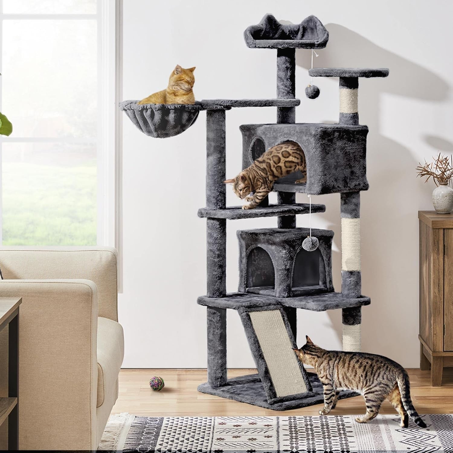 Large Cat Tree 144.5cm Multi Level Tower With Condos Scratching Posts Ramp