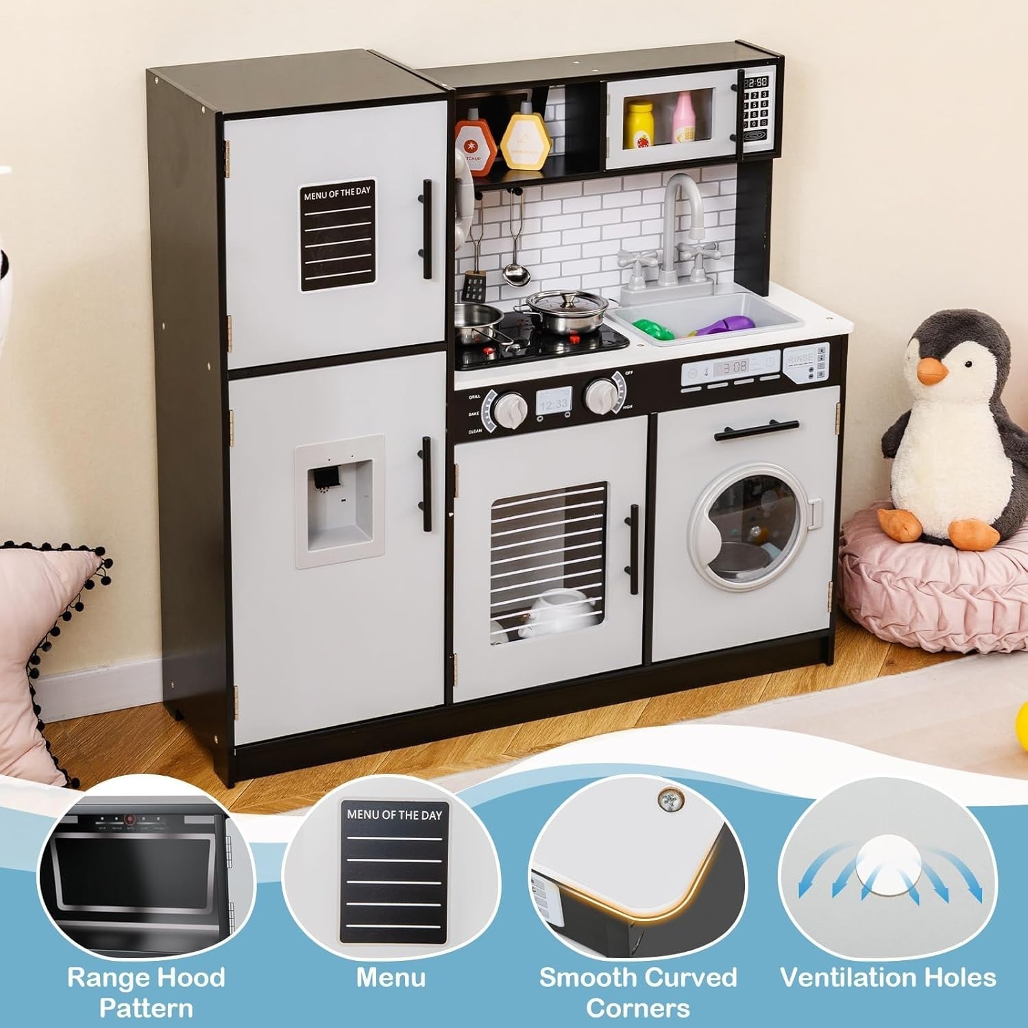 Kids Wooden Play Kitchen Set w/ Lights Sounds Microwave Grey