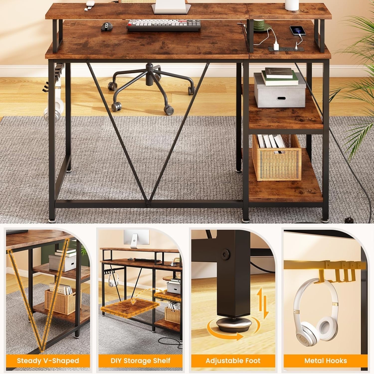 Reversible Rustic Brown Computer Desk w/Power Outlet & Monitor Stand