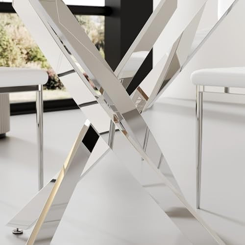 100cm Round Glass Dining Table with 4 White Faux Leather Chairs Set