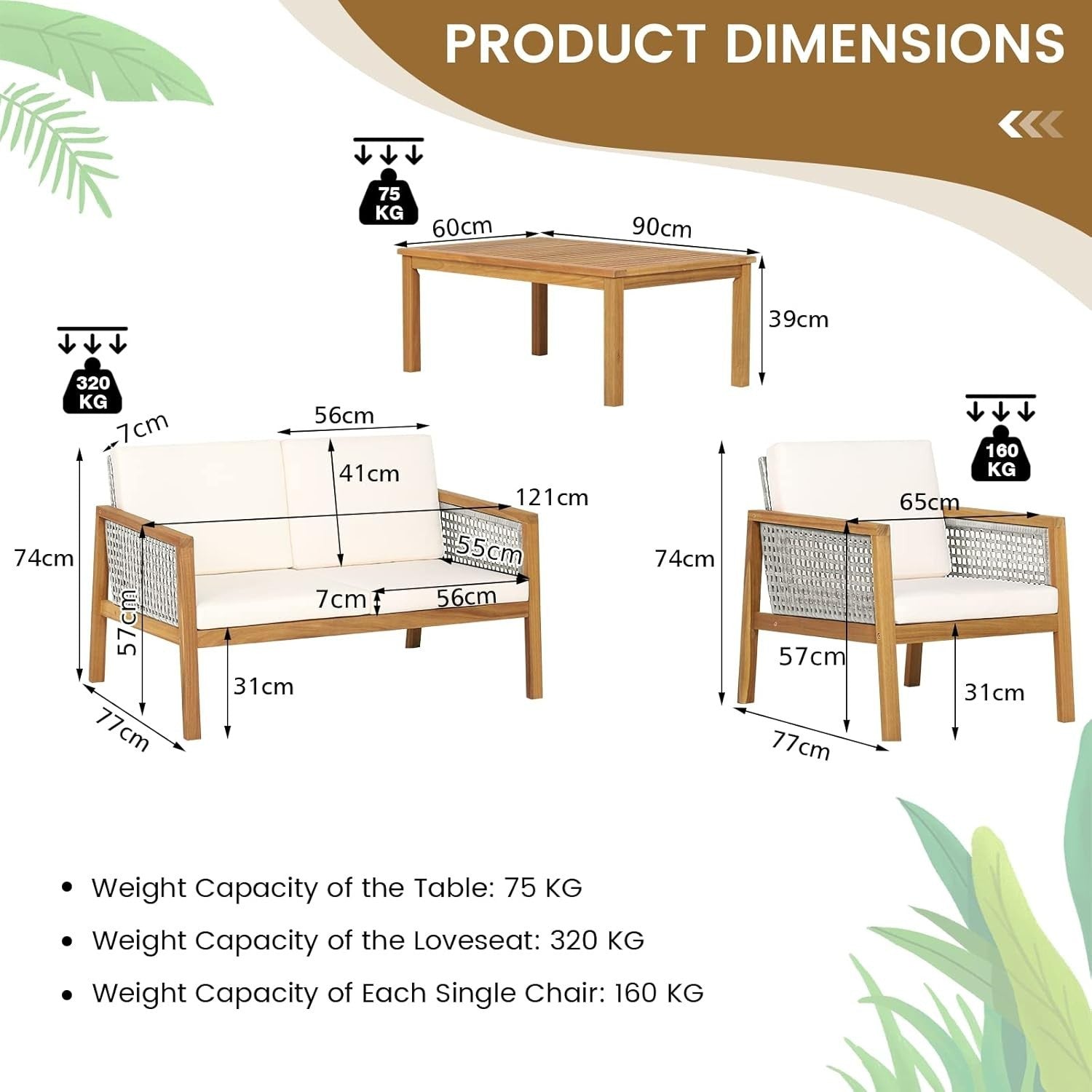 4PC Acacia Rattan Garden Sofa Set Outdoor Patio Seating w/ Table