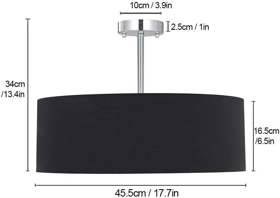 Modern 3-Light Fabric Drum Ceiling Pendant Light Fixture Black 45.5cm