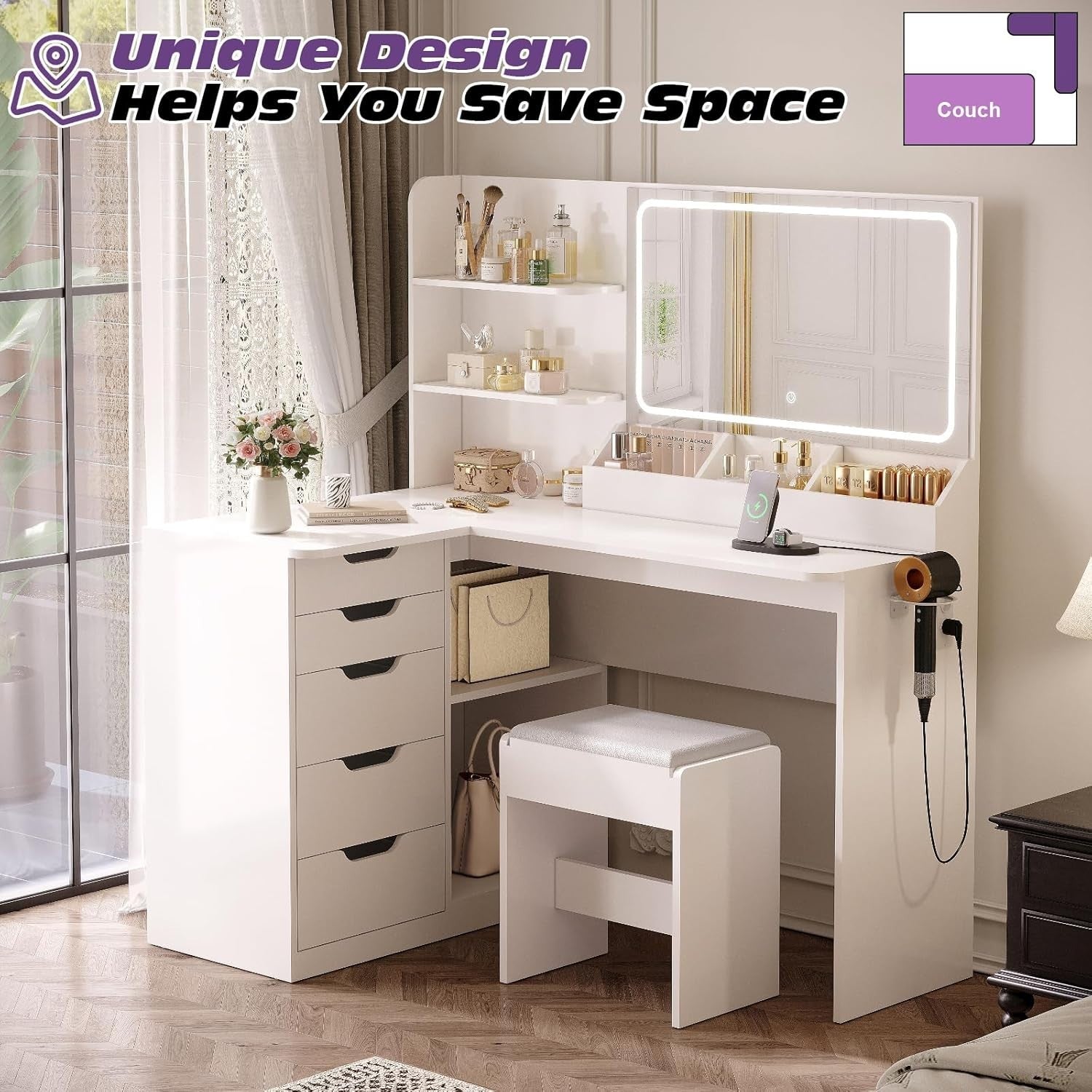 Makeup Vanity Desk Corner L-Shaped Table 5 Drawers LED Light Mirror Modern