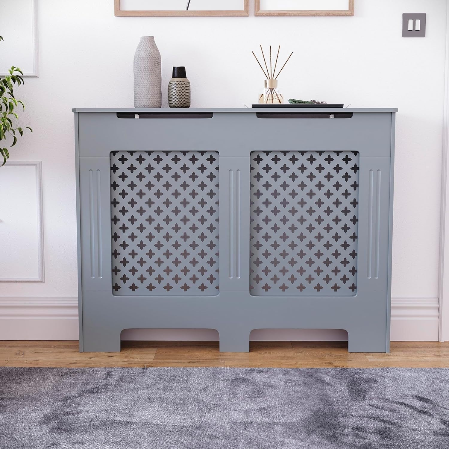 Medium Grey Radiator Cover 82x111x19cm MDF Cross Pattern Heat Efficient Cabinet