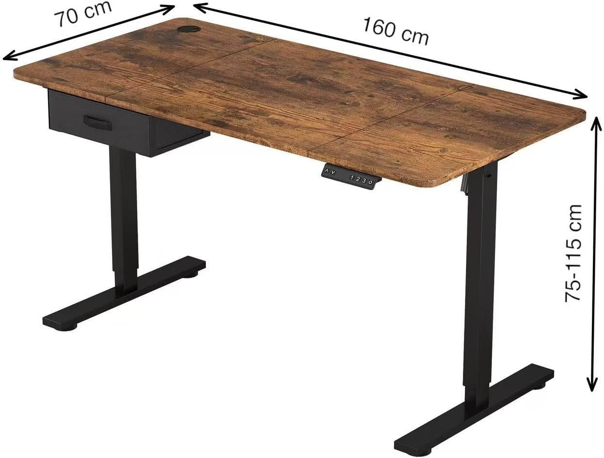 Electric Standing Desk 160x70cm w/Drawer, USB Port & Memory Control Brown