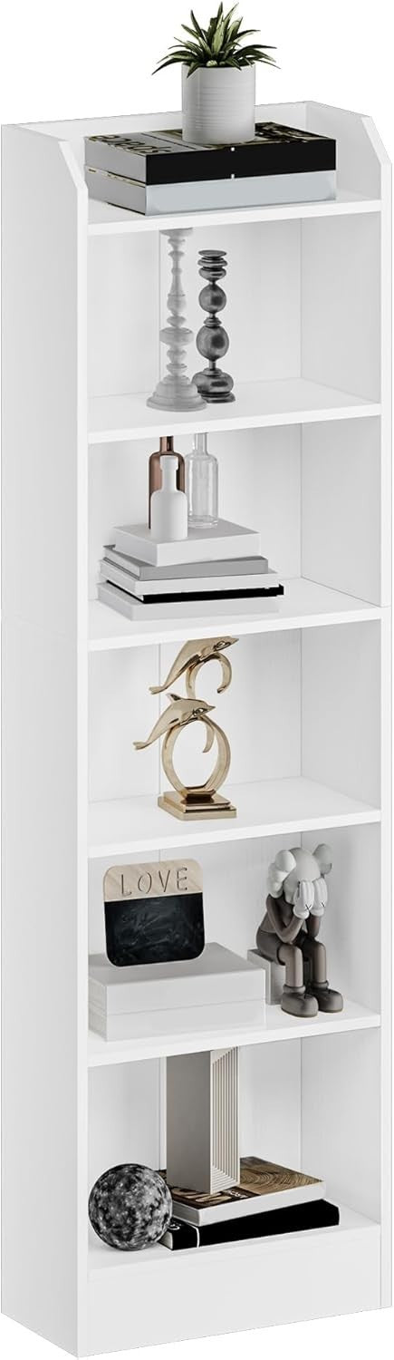 6 Tier Tall Bookcase White Wooden Adjustable Shelf Wide Storage Unit