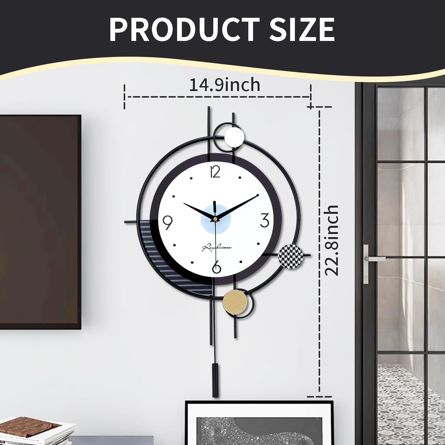 Modern Silent Wall Clock Large Luxury Decorative Non-Ticking Metal Clock 38×58cm