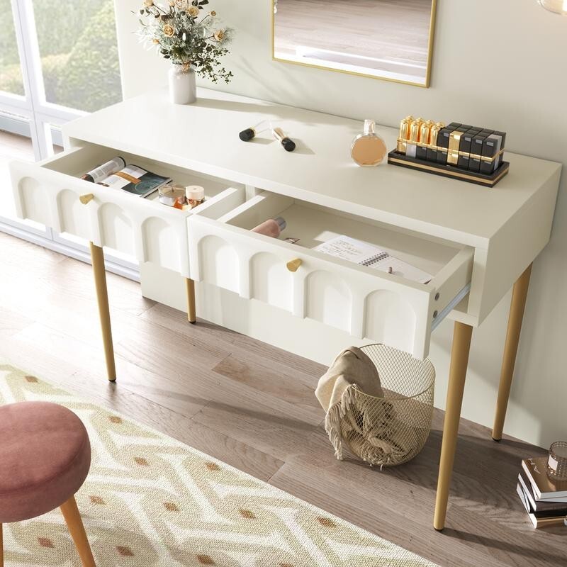 White Dressing Table with 2 Drawers & Gold Legs – Bedroom Makeup Desk