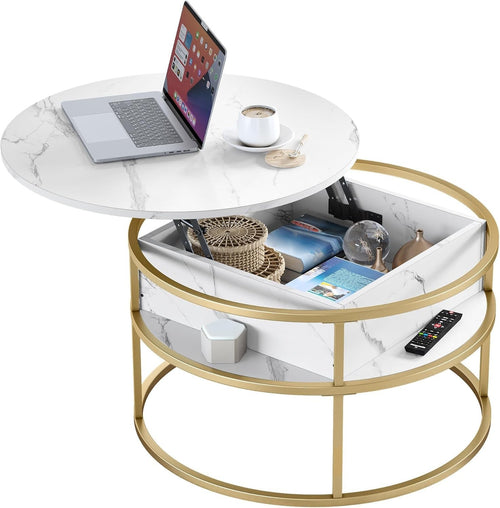 Round Lift Top Coffee Table White Gold 80x80x47cm with Hidden Storage