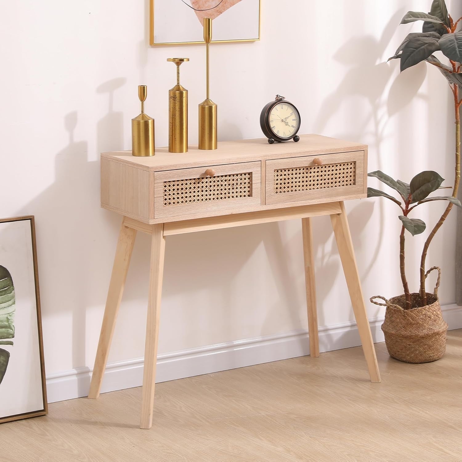 Modern Console Table with 2 Drawers, Rattan Storage, Pine Legs, Natural Wood Ton