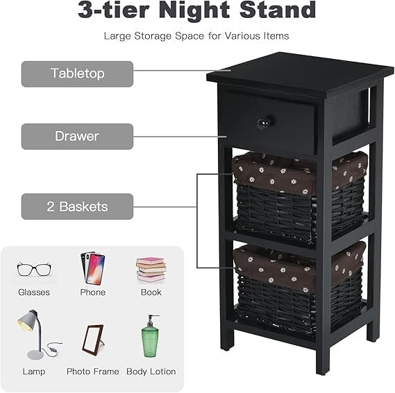 Black Bedside Tables Set of 2 with Drawer & Wicker Baskets, Tall Storage