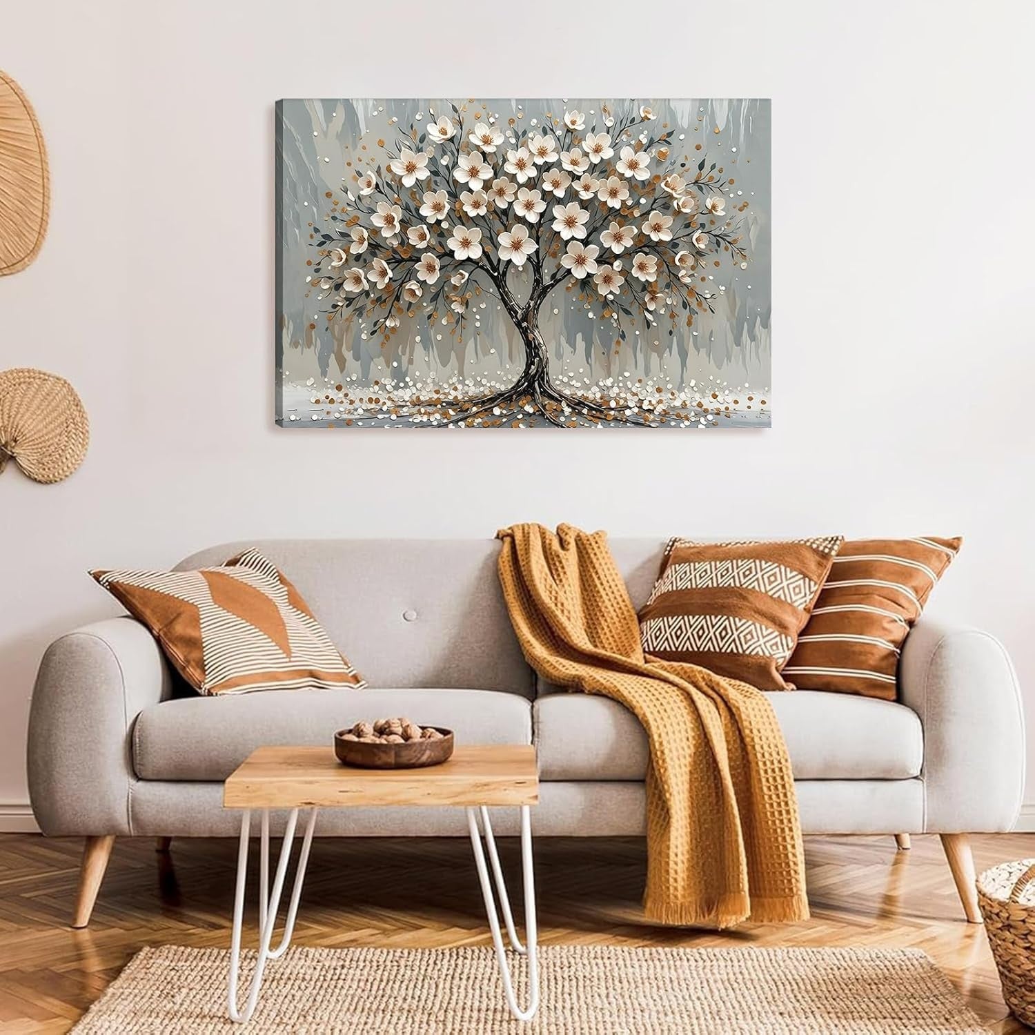 White Floral Tree Canvas Wall Art Framed Modern Living Room Decor 59x39cm