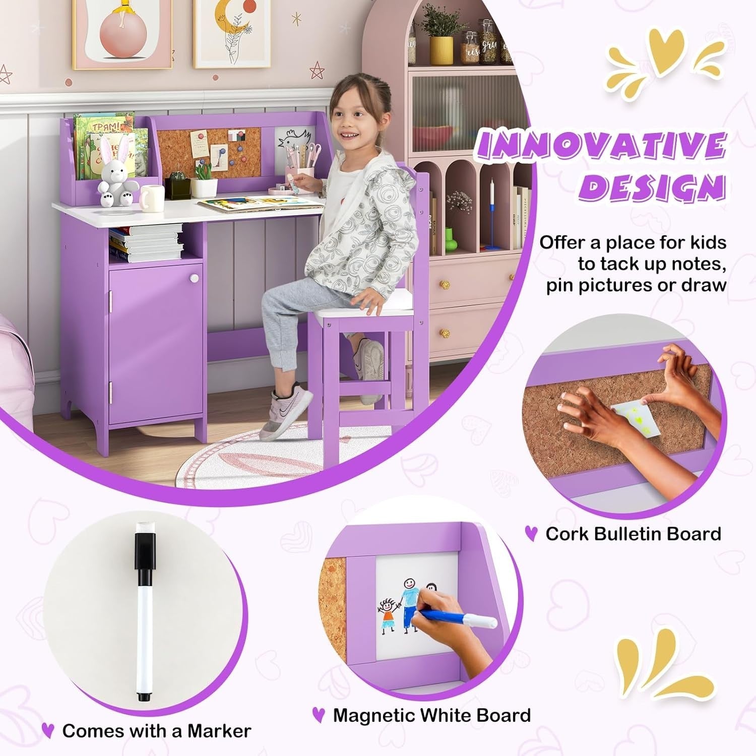 Kids Study Desk & Chair Set with Storage Cabinet, Cork Board, Ergonomic