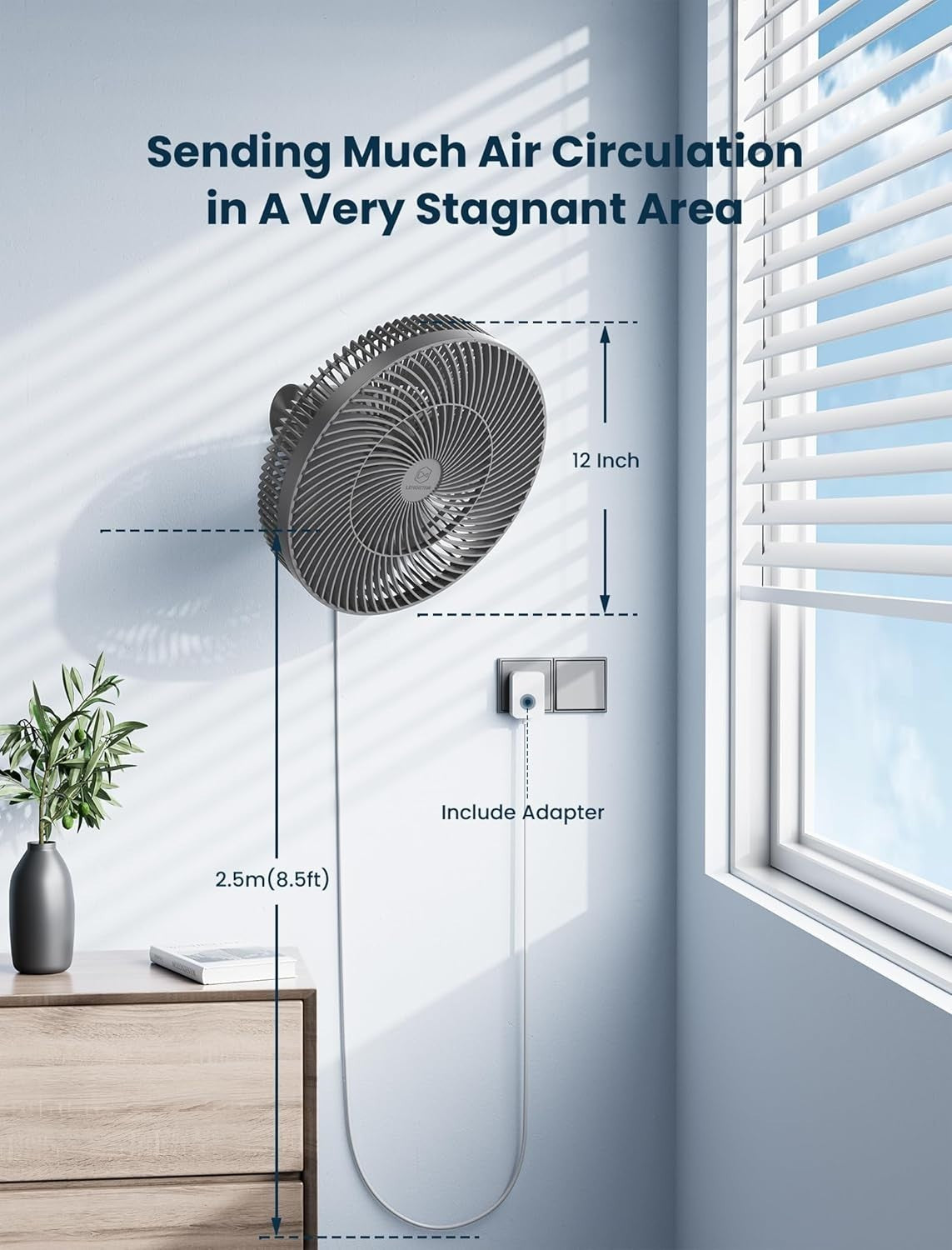 12" Wall Mounted Fan Remote Control 4-Speed Quiet Cooling Adjustable Tilt Timer