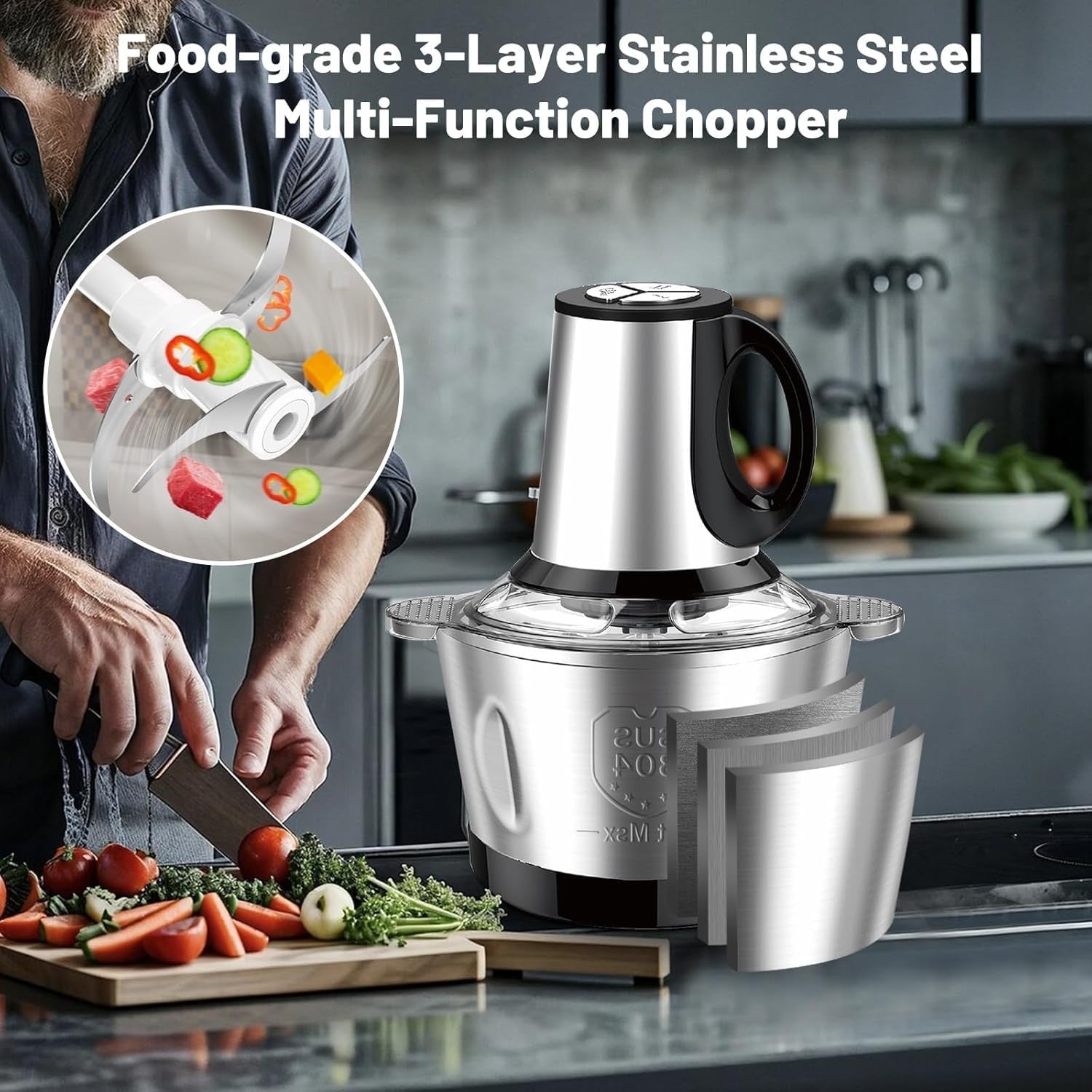 600W Electric Food Chopper Meat Grinder 2L Stainless Steel Bowl 3 Speed