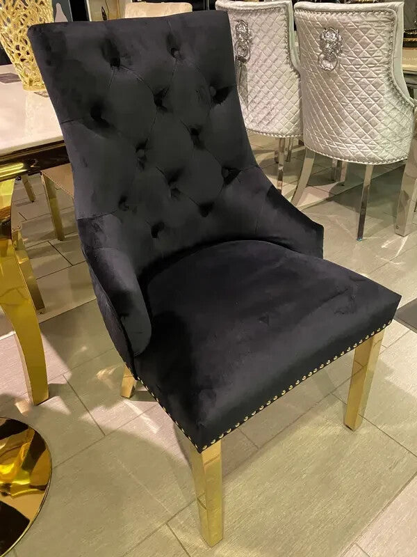 2 Black Velvet Dining Chairs Gold Legs Ring Back Tufted Studded Luxury