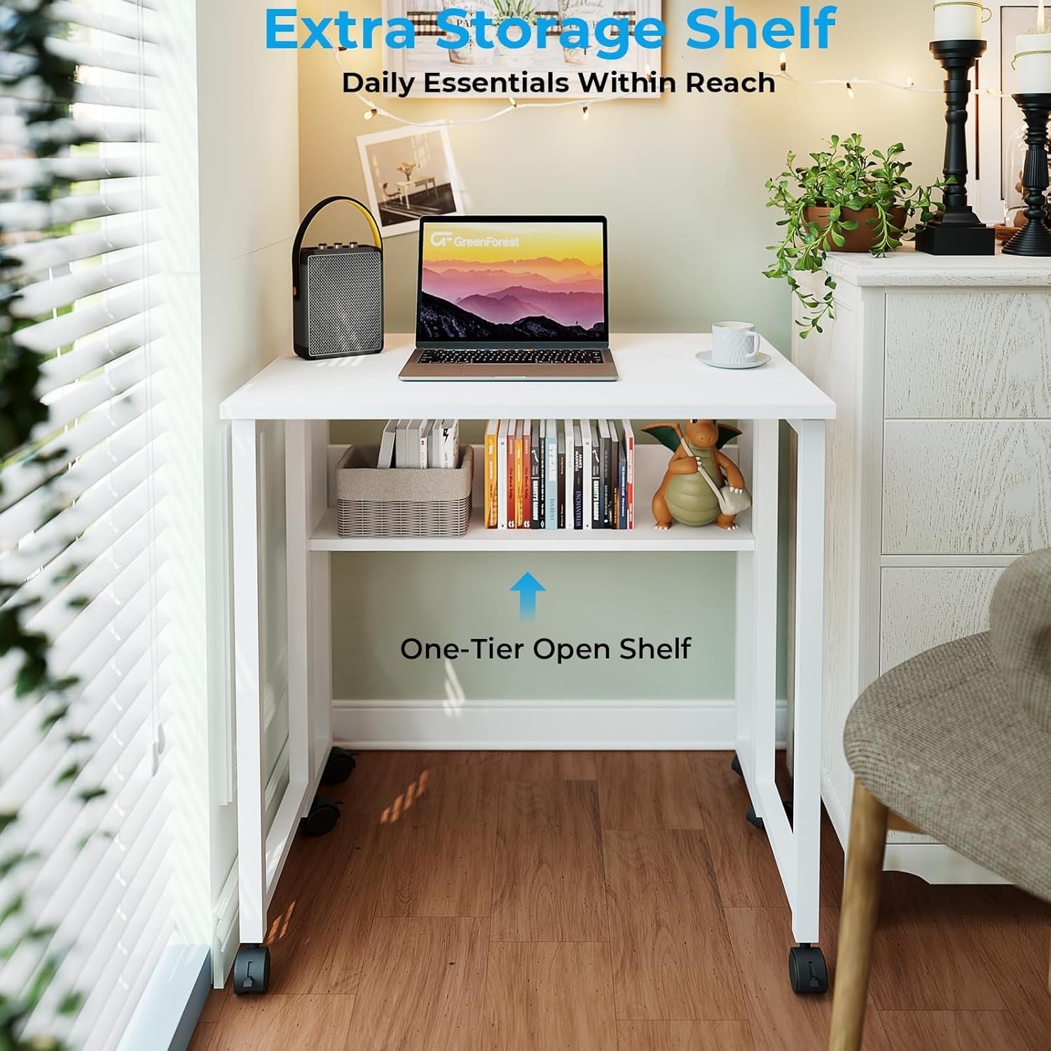 Folding Computer Desk on Wheels with Storage Shelf Space Saving White 63cm