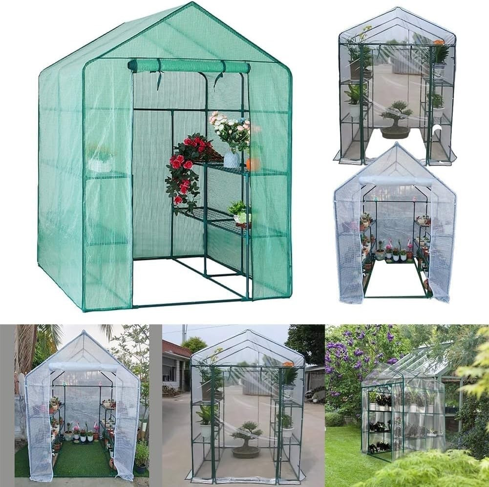 Green PVC Greenhouse Cover Walk-In Reinforced Plant Protector 143x143x195cm