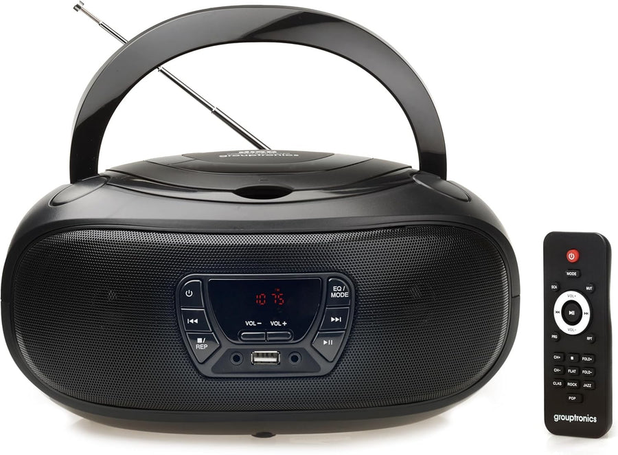 Portable Boombox CD Player FM Radio USB AUX Stereo Speakers Black