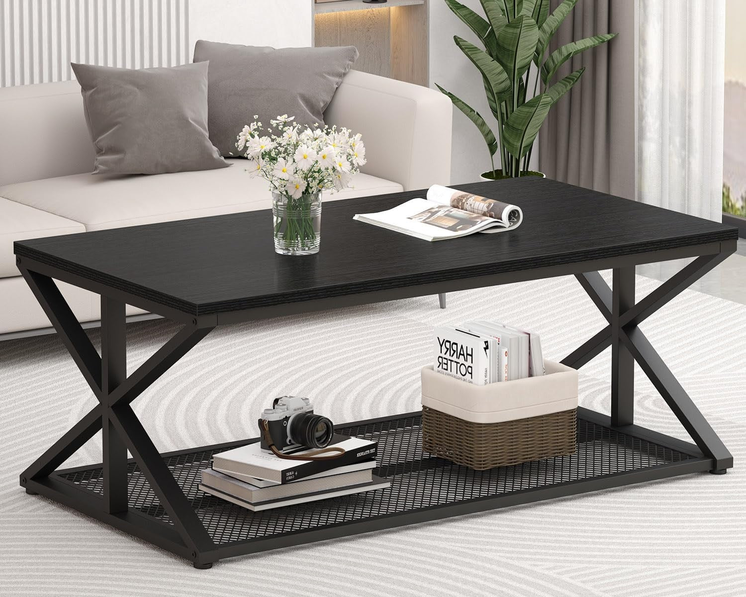 Modern Black Coffee Table with Storage Shelf – Industrial Metal Frame 120cm