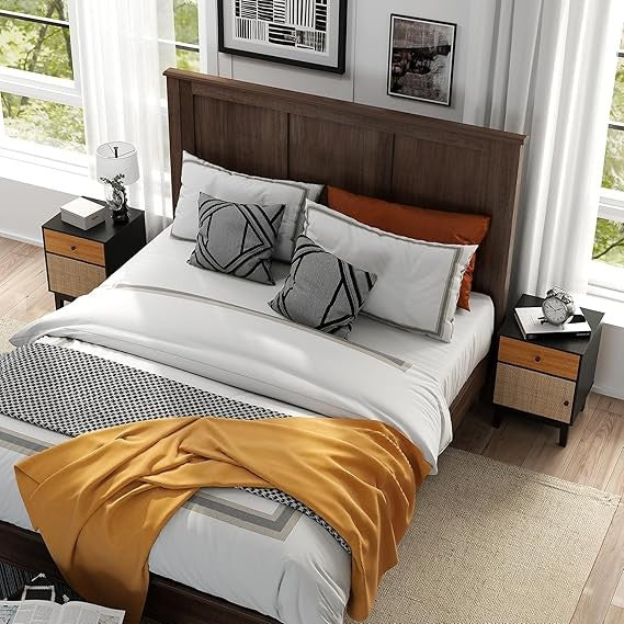 Modern Rattan Bedside Tables Set of 2 – Boho Storage Drawers & Door – Wood Legs