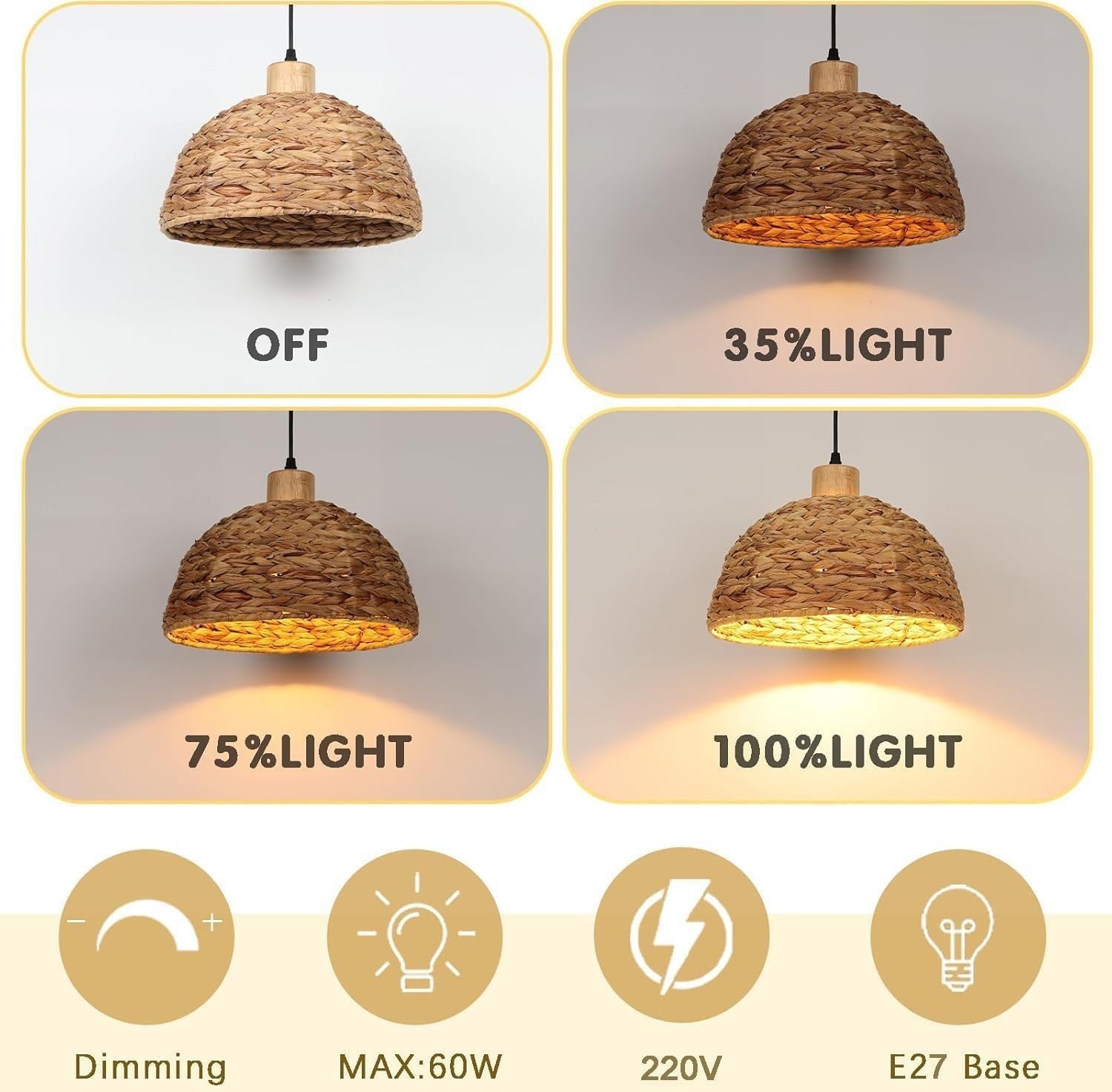 Boho Pendant Lamp Shade 30cm Water Hyacinth Woven Ceiling E27