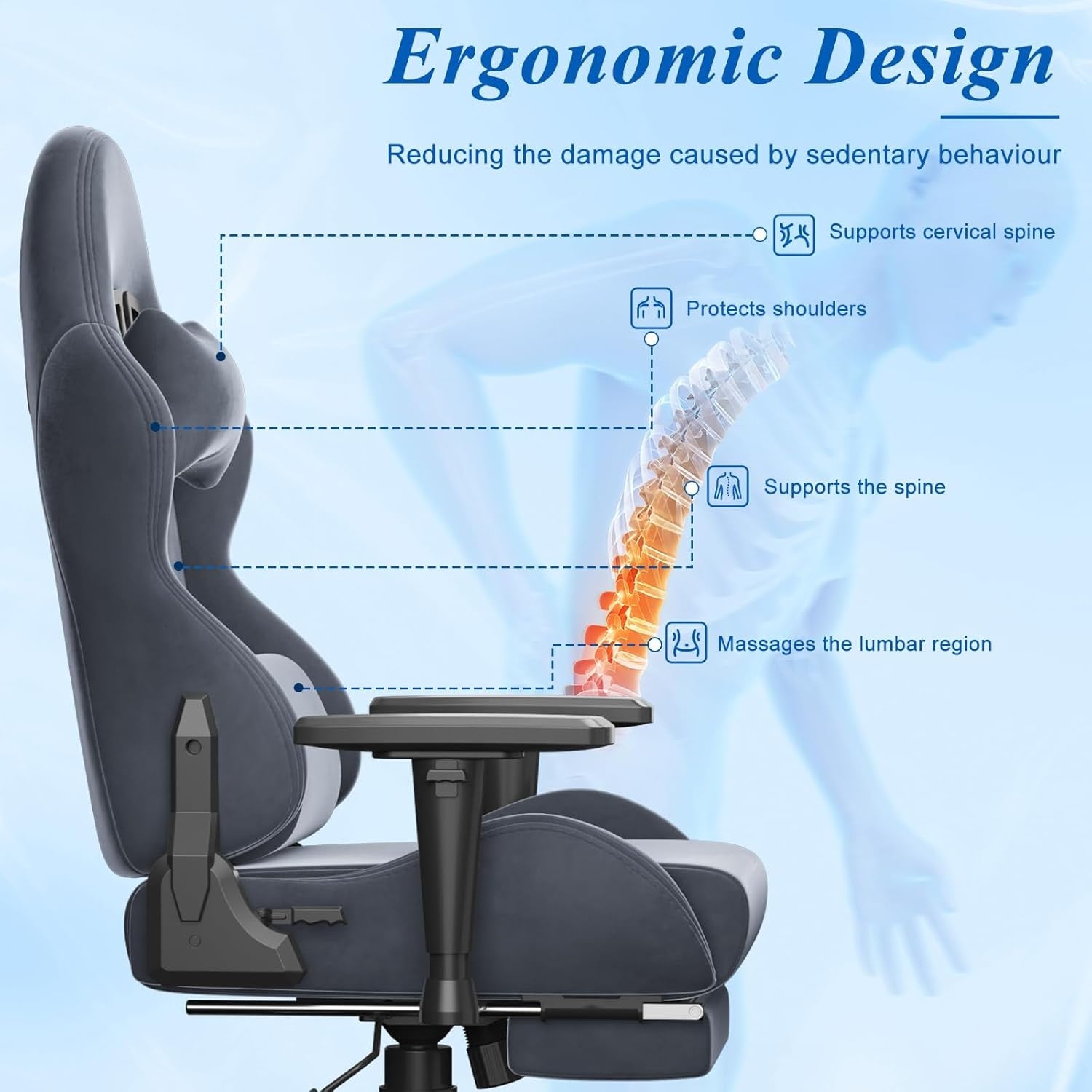 Massage Gaming Chair Reclining Footrest Ergonomic Grey