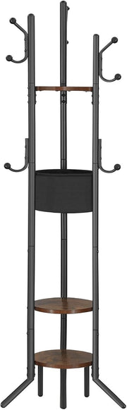 Rustic Brown Black Coat Rack with Shelves | Freestanding Hall Tree Organizer Sta