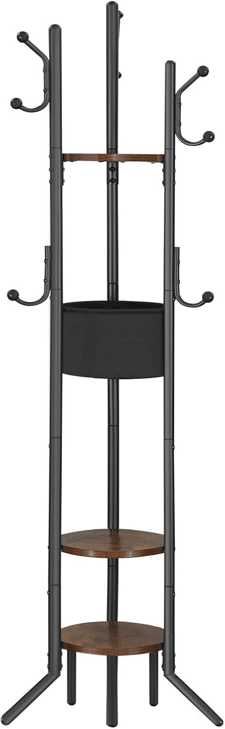 Rustic Brown Black Coat Rack with Shelves | Freestanding Hall Tree Organizer Sta