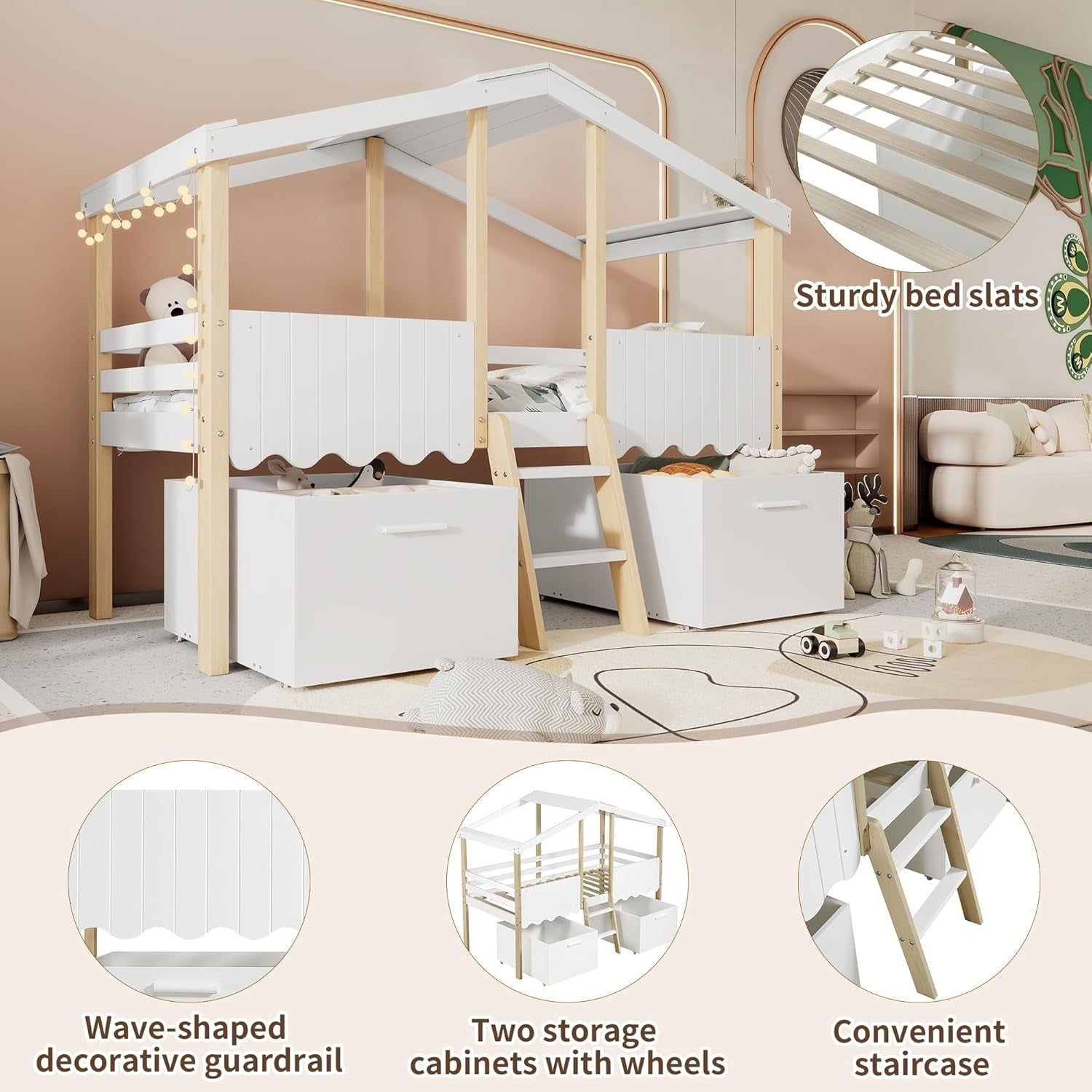 Kids Mid Sleeper Bed with Storage Drawers Safety Guard Cabin 90x190cm