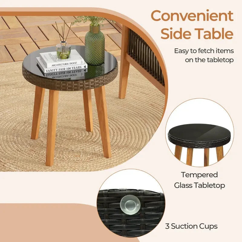 3pc Acacia Patio Chair Set with Cushions & Table – Outdoor Garden Rattan