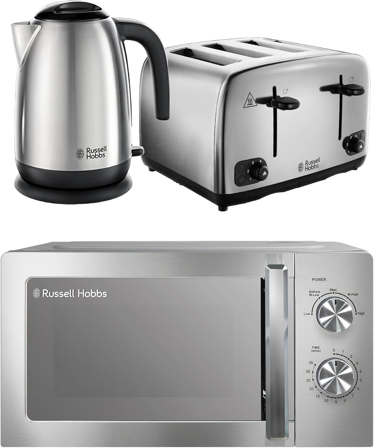Stainless Steel Kitchen Set 1.7L Kettle 4-Slice Toaster 20L Microwave