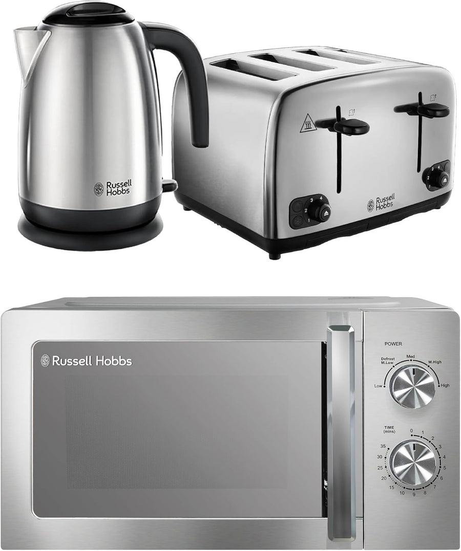 Stainless Steel Kitchen Set 1.7L Kettle 4-Slice Toaster 20L Microwave