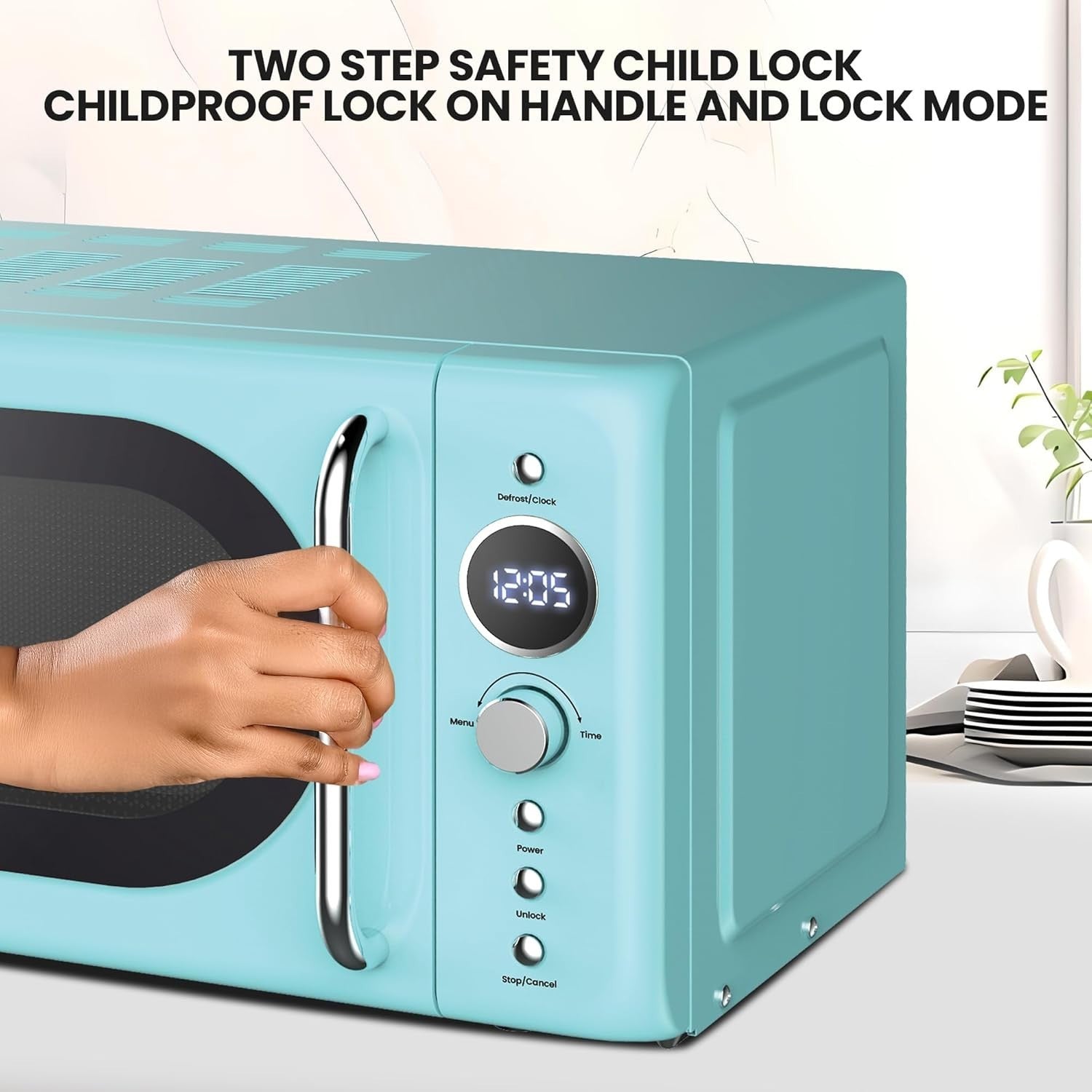 700W Retro Microwave 20L Blue LED Digital Mini Oven 8 Modes Glass Plate