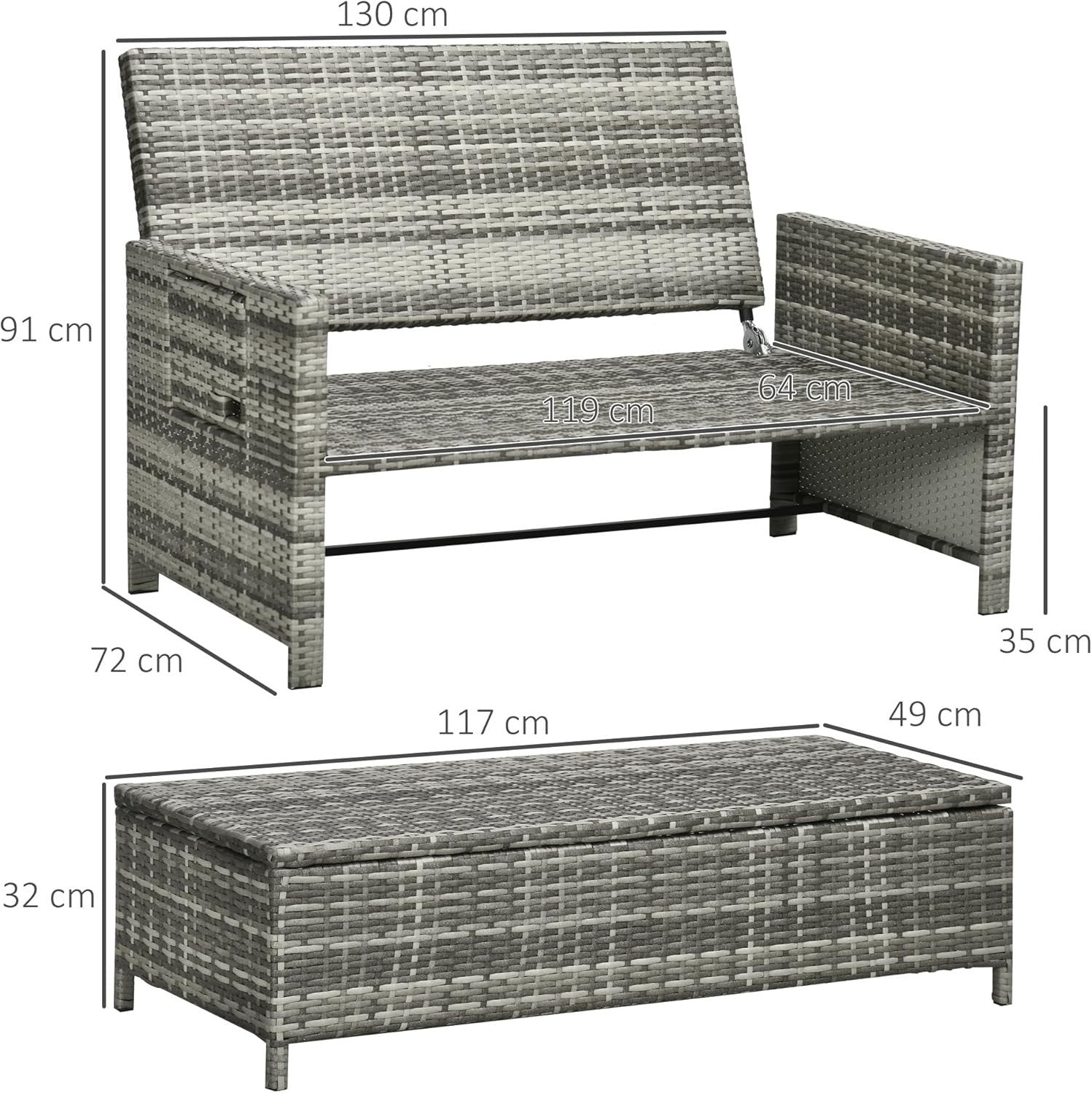 3-in-1 Mixed Grey Rattan Outdoor Daybed with Adjustable Back & Ottoman