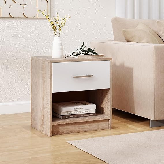 Modern Wooden Bedside Table with Drawer & Open Shelf, Small Nightstand