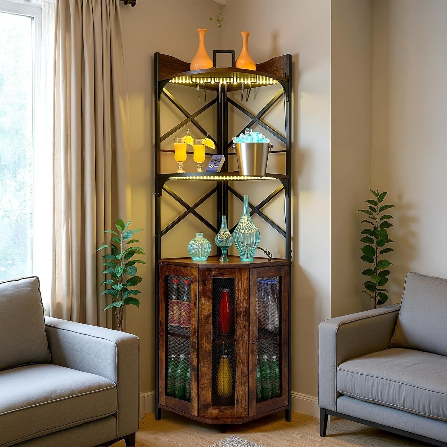 Corner Wine Bar Cabinet with LED Lights, 5-Tier Bottle Rack & Glass Holder