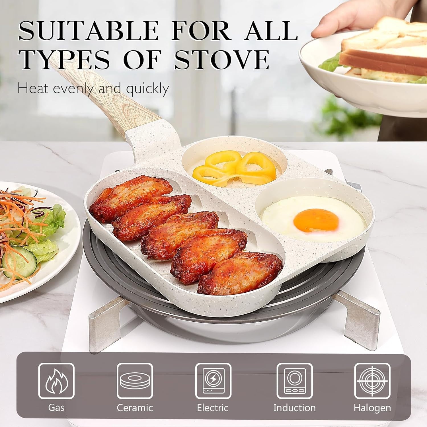 3-Cup Non-Stick Egg Pan Granite Omelette Skillet, White Multi-Section Pan