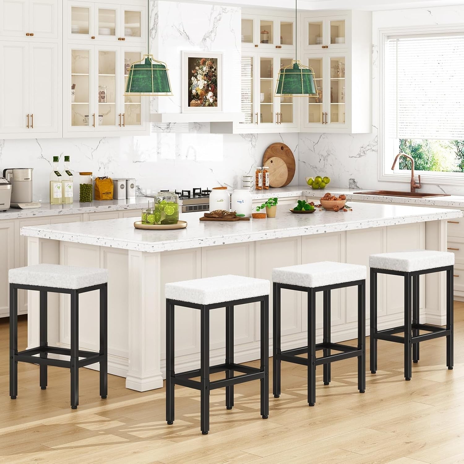 4-Piece White Bar Stools Set with Metal Legs, 66cm Counter Height Chairs Set