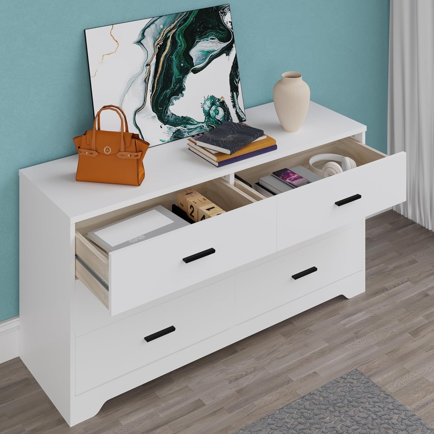 6 Drawer White Wooden Chest Storage Cabinet Bedroom Organizer with Handles