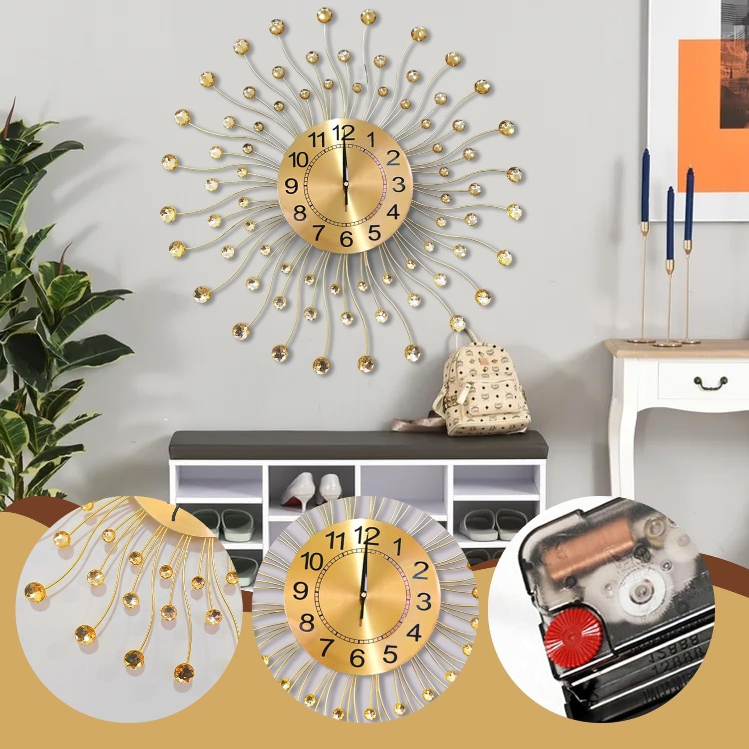 60cm Gold Sunburst Wall Clock – Silent Quartz Modern Decorative Crystal Design
