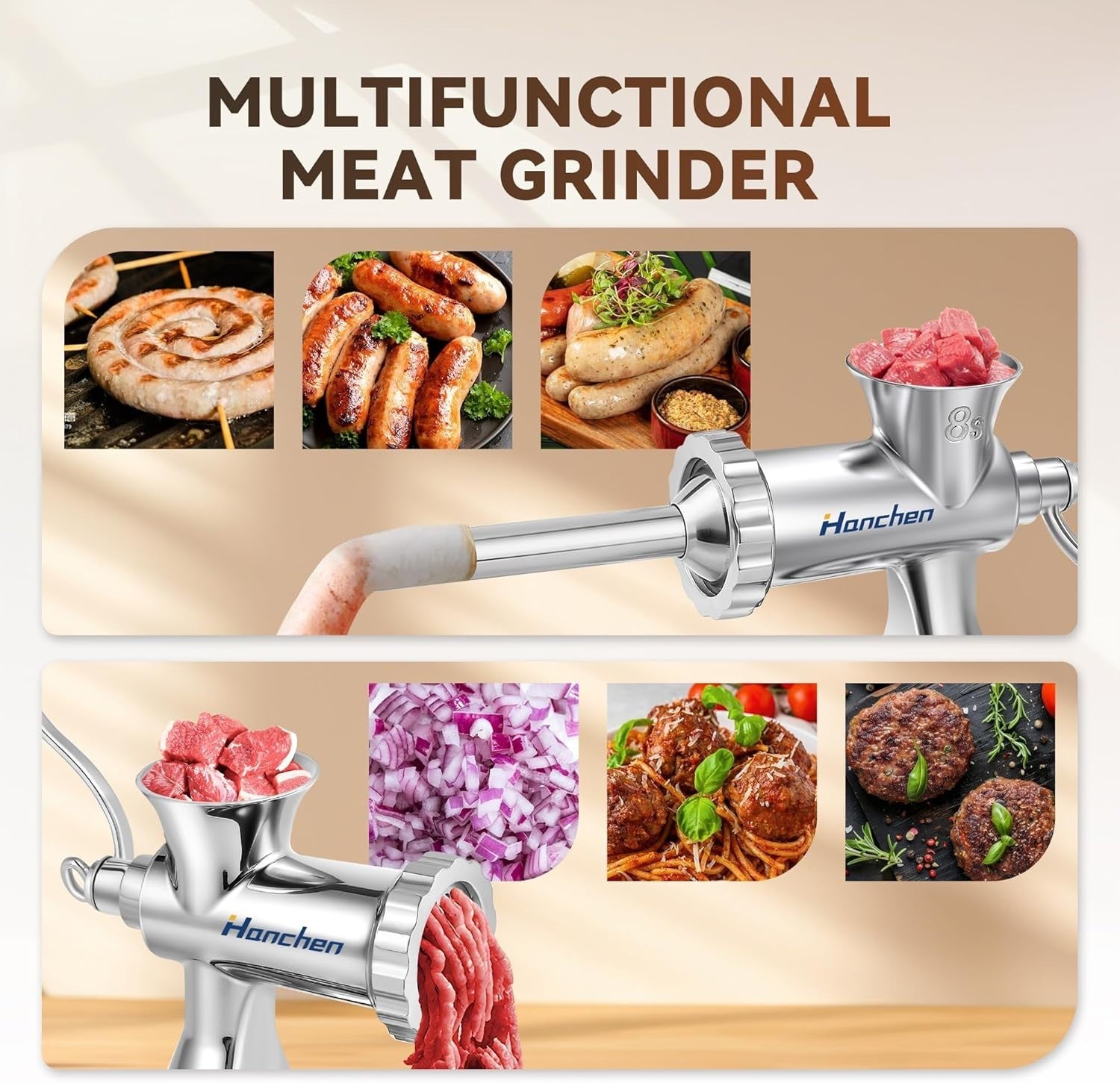 Stainless Steel Manual Meat Grinder Sausage Maker 4.5mm 8mm Plates