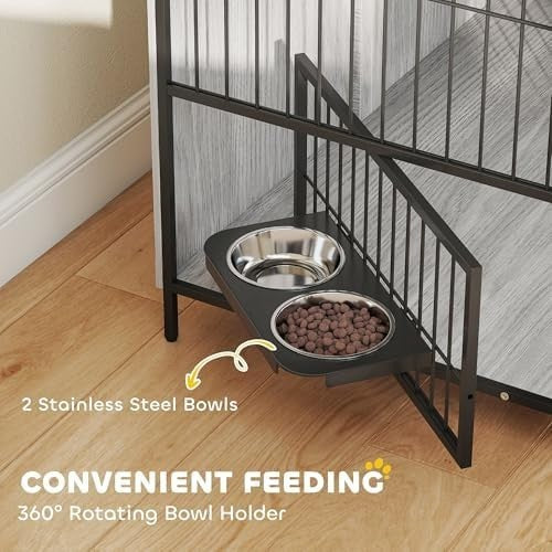 Dog Crate Furniture with Feeding Bowls & Storage, Lockable Doors, Grey