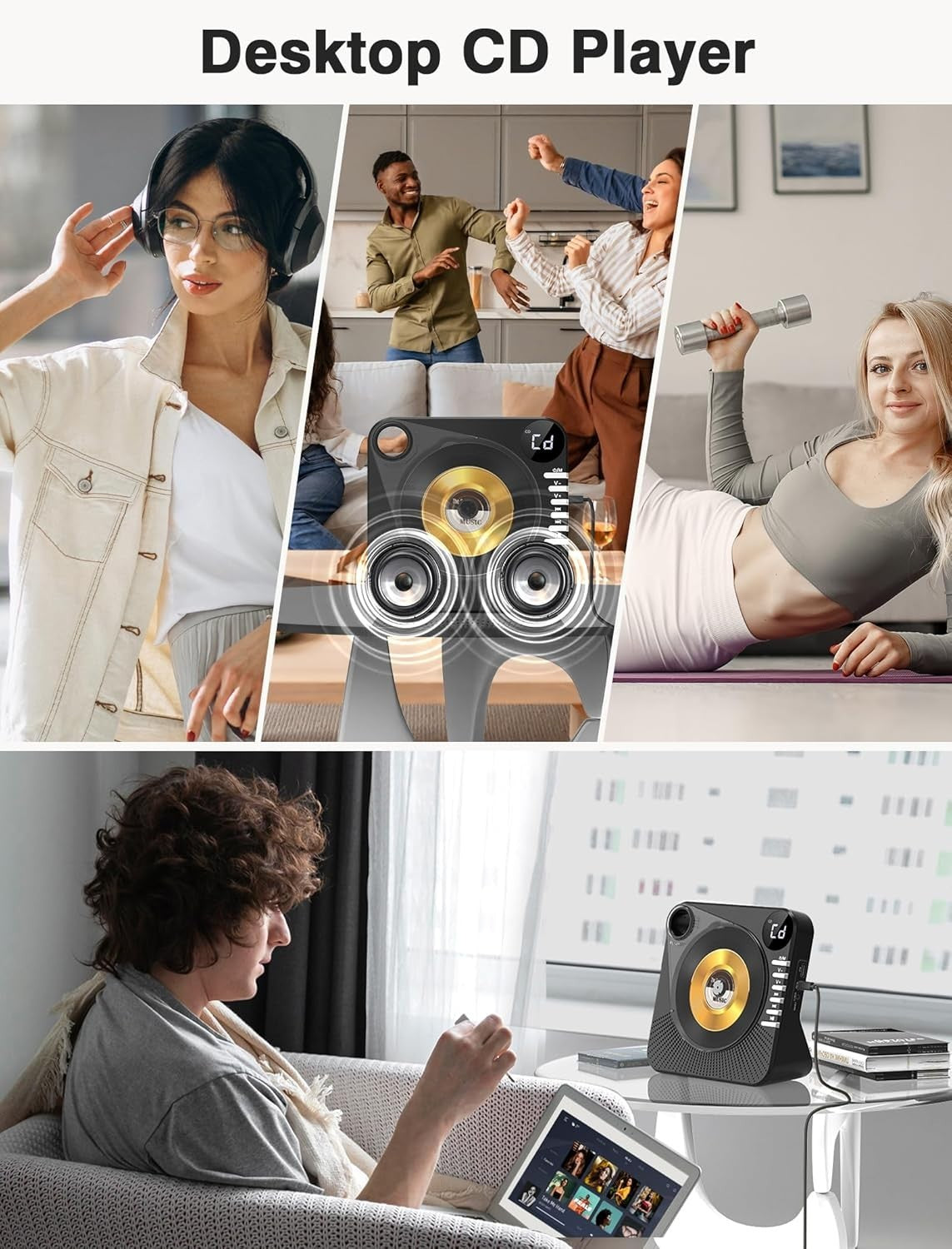 Bluetooth 5.1 CD Player w Speakers LED Display Remote USB AUX Black