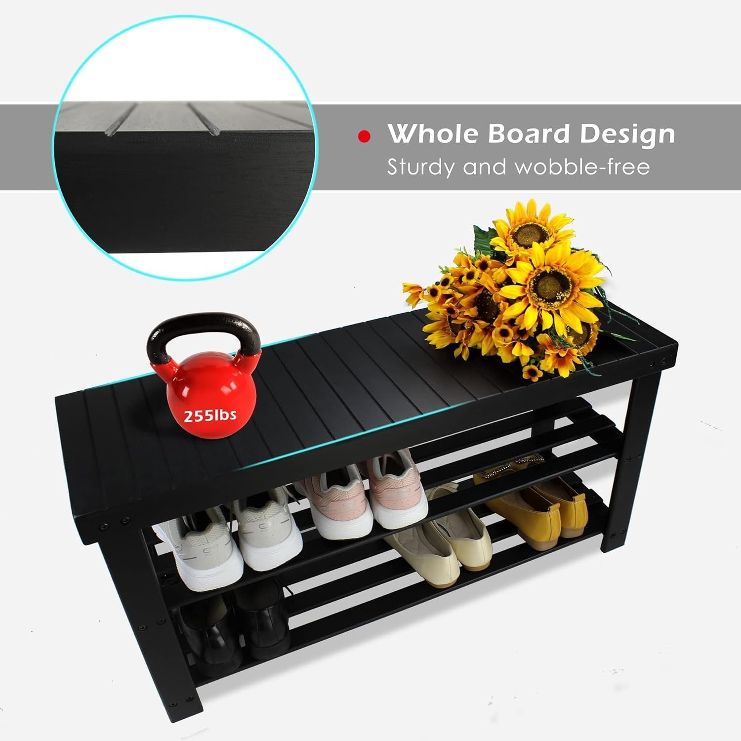 3-Tier Black Bamboo Shoe Rack Bench with Storage Shelf & Modern Design