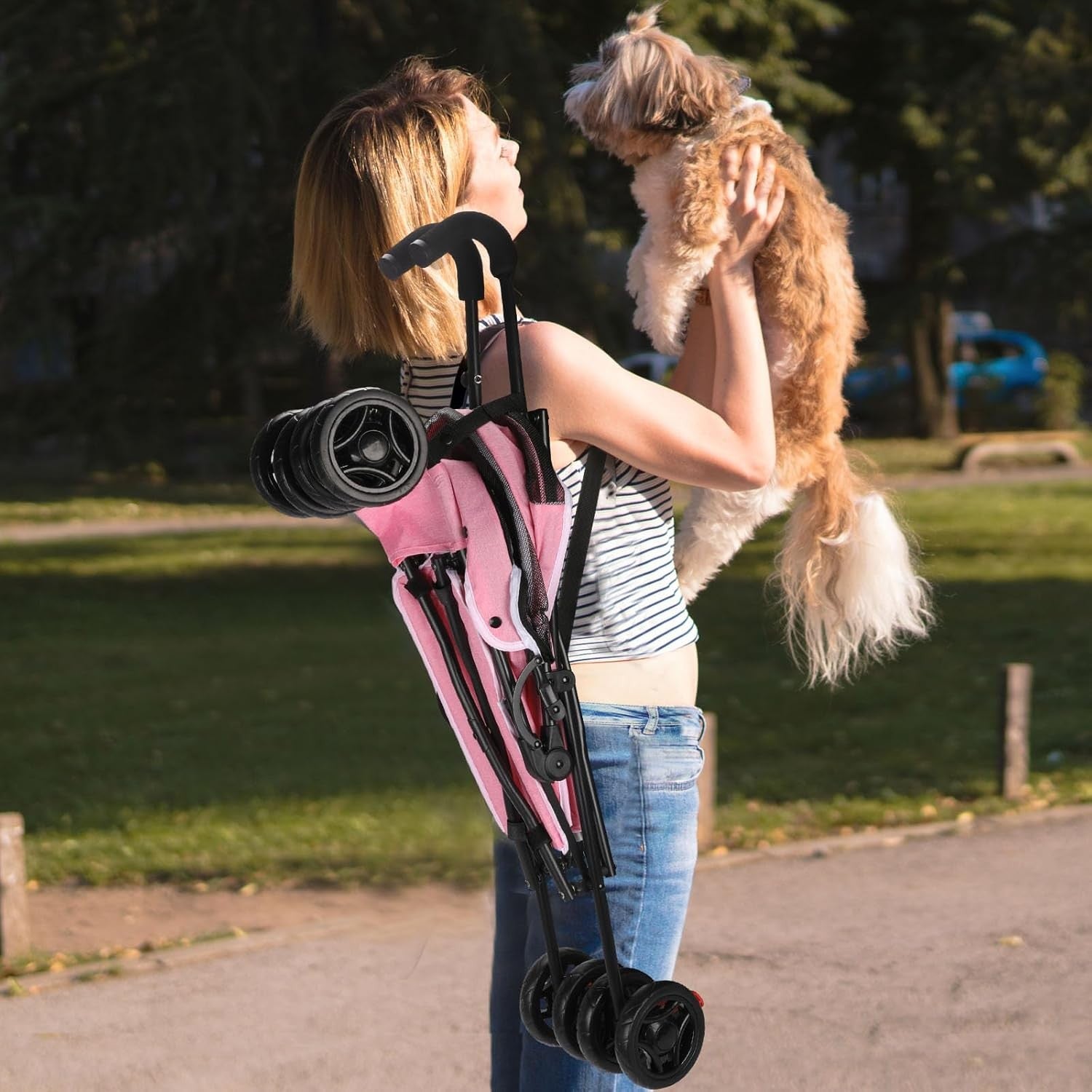 3 in 1 Pet Stroller Folding Dog Cat Pushchair 4 Wheel Travel Pram Pink